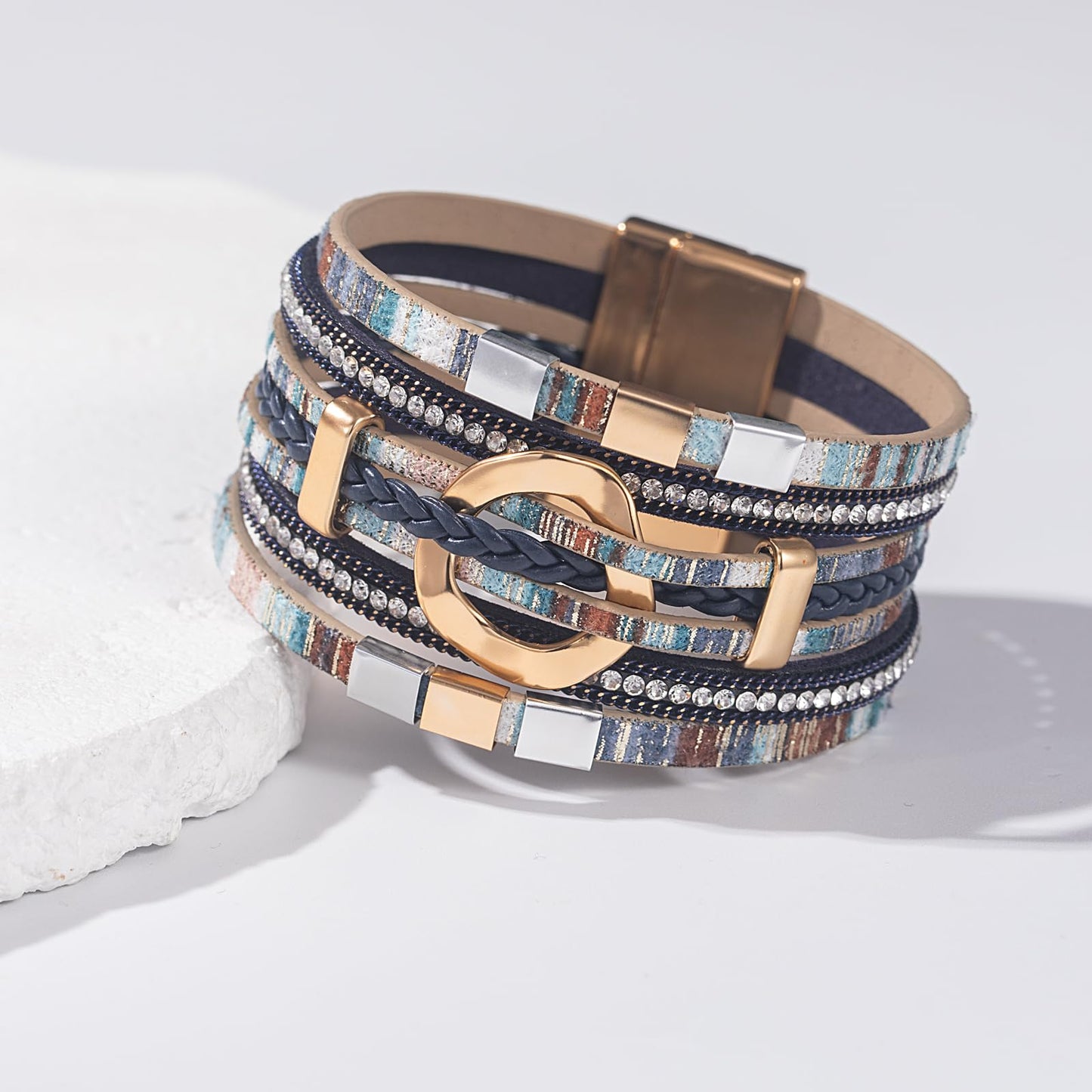 FANCY SHINY Boho Leather Wrap Bracelets Circle Square Bead Braided Handmade Stackable Bracelet Trendy Cuff Bangle for Women(Boho Blue)
