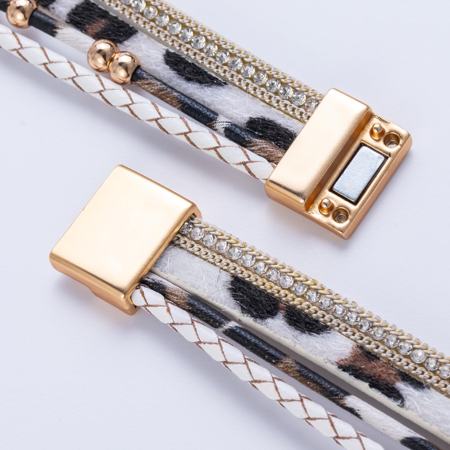 FANCY SHINY Boho Leather Wrap Bracelet Stackable Beaded Infinity Chunky Cuff Bracelets with Magnetic Clasp Western Hippie Outfits Jewelry Gifts for Women(White Leopard)