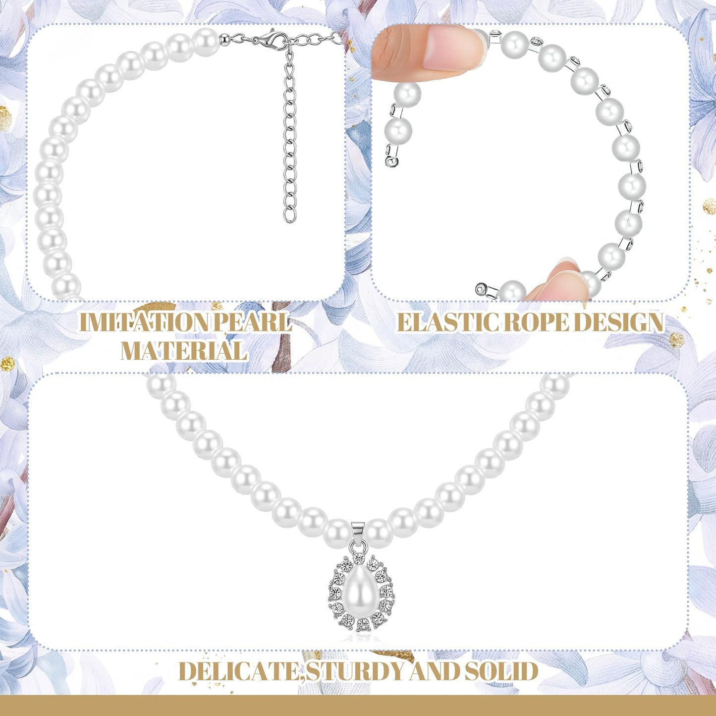 Glenmal Pearl Rhinestone Jewelry Set for Women Pearl Necklace Bracelet Earrings for Wedding Birthday Bridal Shower Tea Party(5 Pcs,Refined Style)