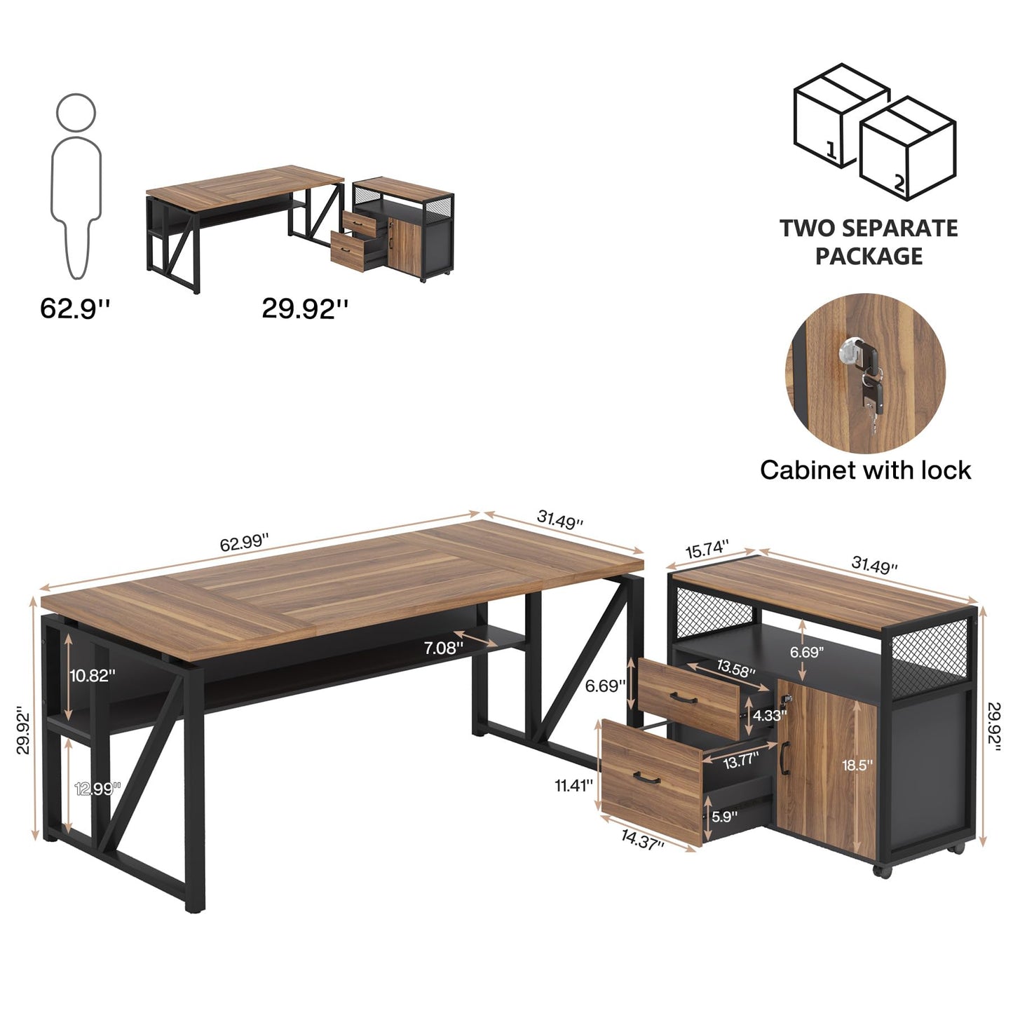 Tribesigns 63" Executive with Drawer Cabinet, L Shaped Desk and Lock lateral File Cabinet, 2 Piece Home Office Furniture Set with Drawers for Hanging File, (Brown, 63 inches)