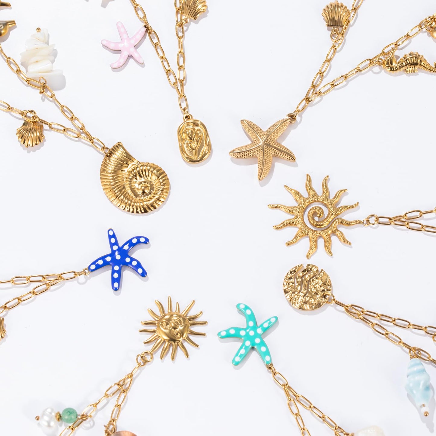 Chunky Gold Necklace Statement Boho Beach Ocean Summer Stainless Steel Jewelry Shell Starfish Turquoise Dolphin Pearl Sun Flower Wave Heart Fish Charm Choker Necklaces for Women(Gold)