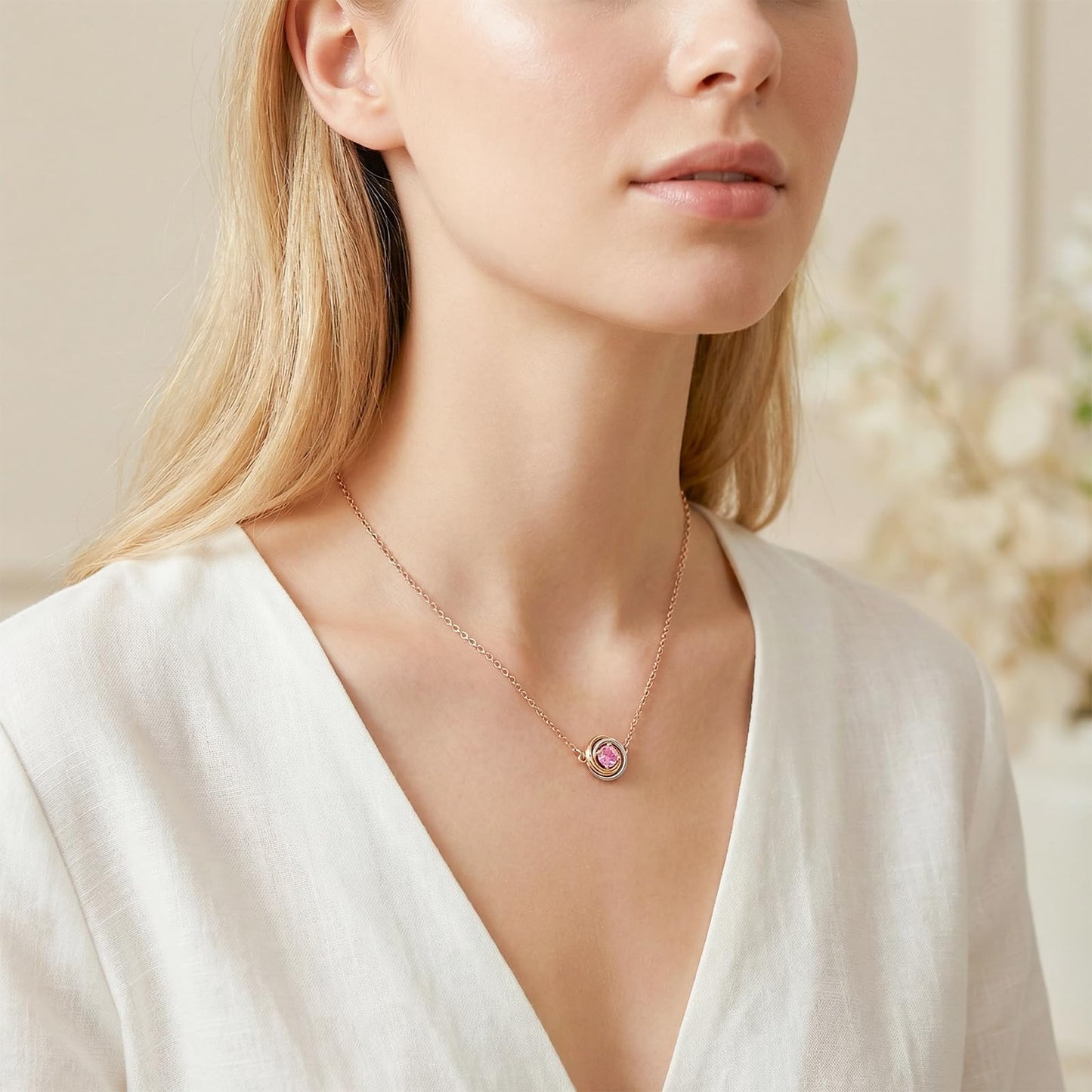 Tessalyn Round Birthstone Necklace, 18K Gold Plated Zircon Necklace Elegant Tri-Color Jewelry Valentines Day Gifts for Her