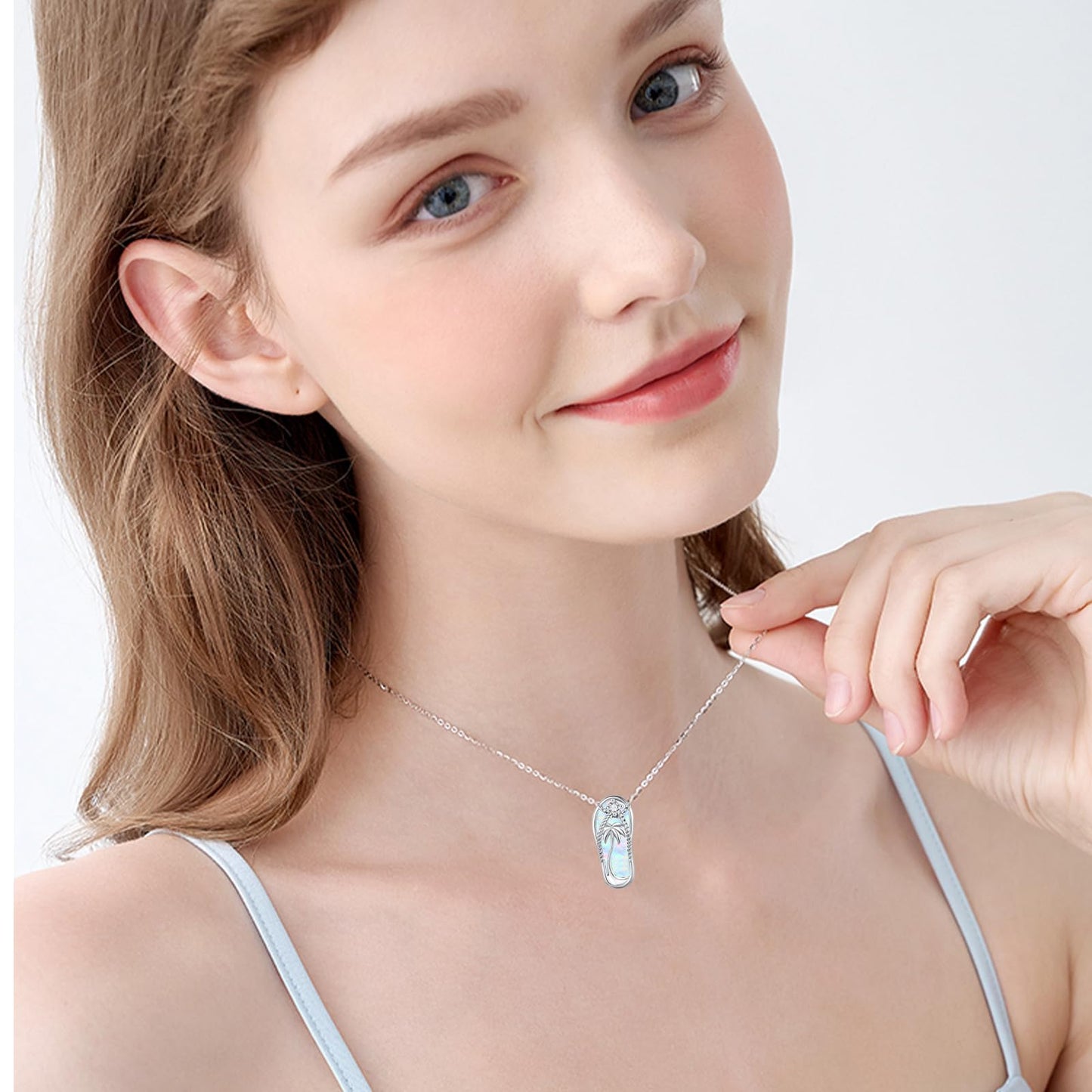 Midir&Etain Flip Flop Necklace 925 Sterling Silver Palm Tree Hawaiian Pendant White Opal Suffer Sea Necklace Flip-Flop White Opal Jewelry for Women Prime