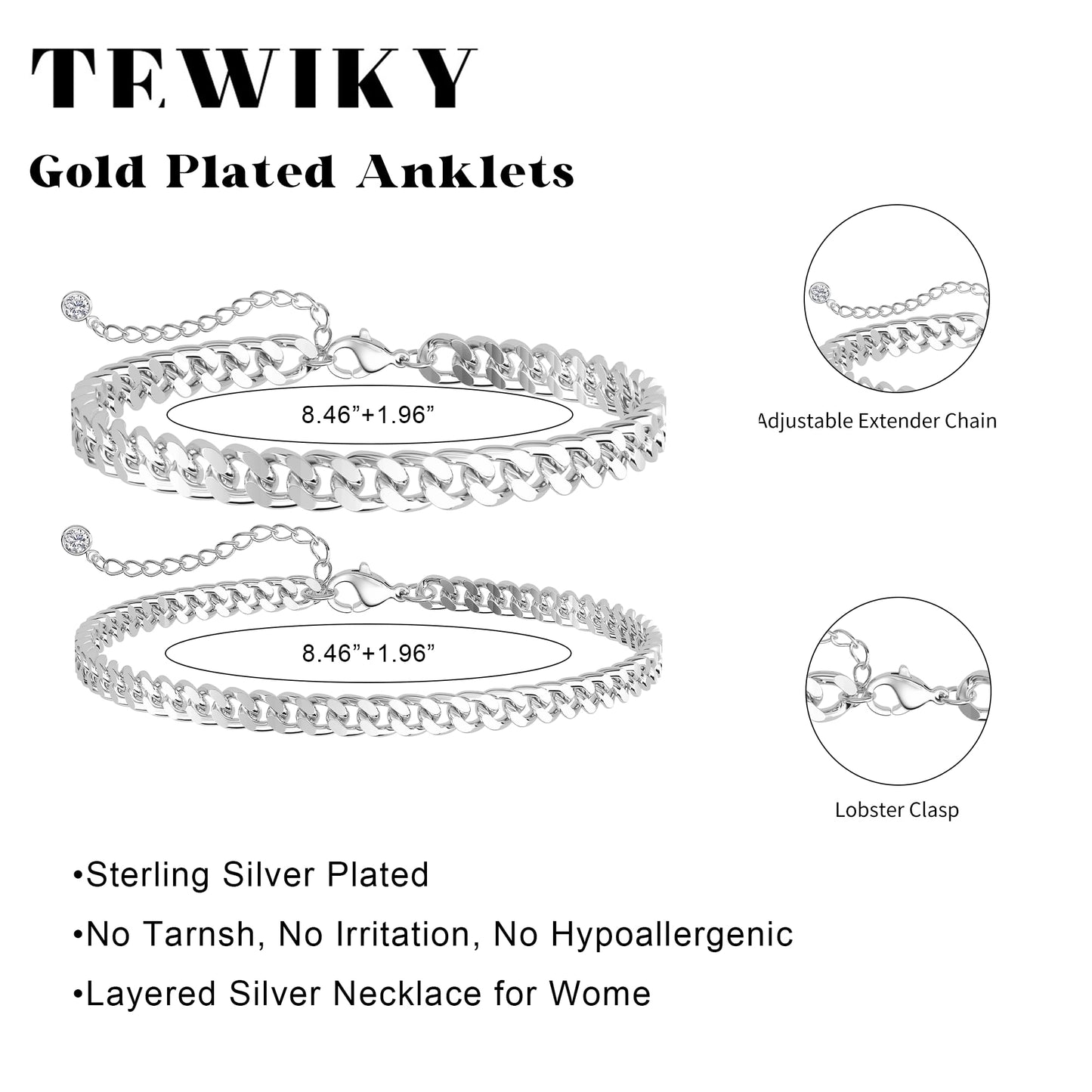 Tewiky Waterproof Ankle Bracelets for Women,Chunky Layered Silver Anklet for Women Non Tarnish Adjustable Cuban Set Stackable Summer Beach Jewelry Gift