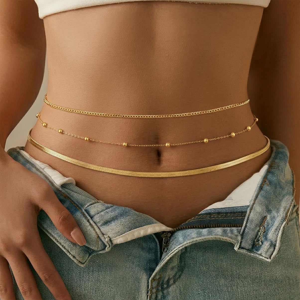 HERSIN Waist Chain for Women, 3 Pairs 14K Gold Plated Layered Belly Belt Chains Beach Waist Beads Chain Waterproof Herringbone Snake Body Chain Summer Jewelry Accessories for Women