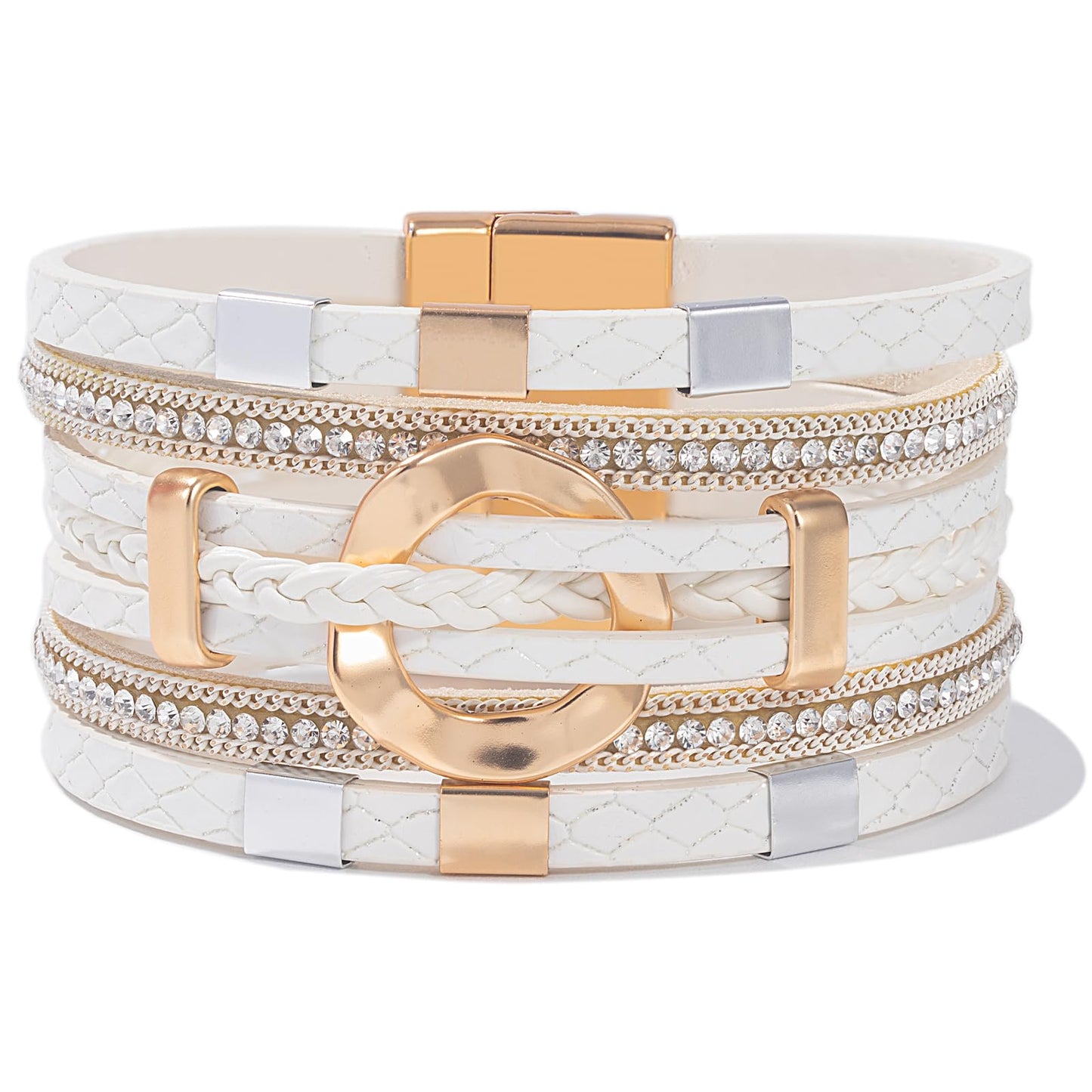 FANCY SHINY Boho Leather Wrap Bracelets Circle Square Bead Braided Handmade Stackable Bracelet Trendy Cuff Bangle for Women(White)