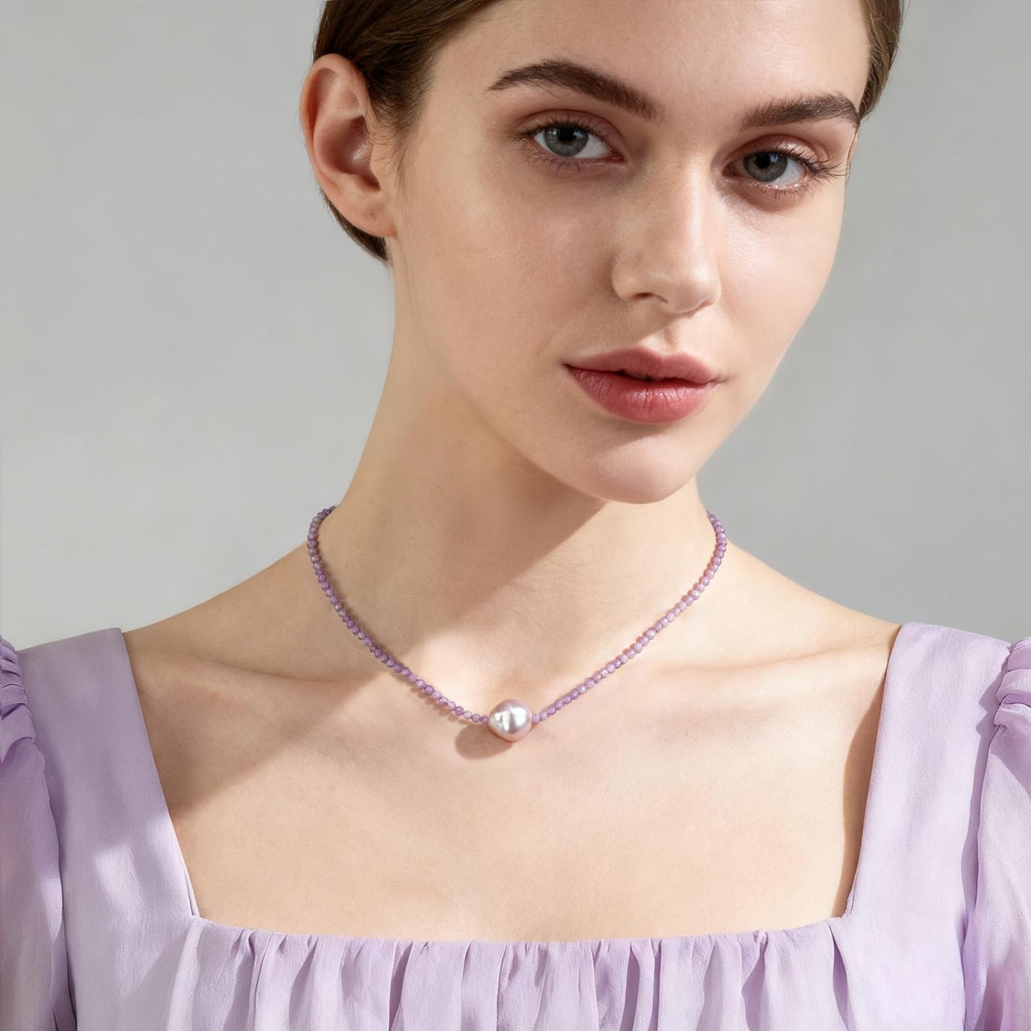 GEMTAL Single Pearl Pendant Necklaces for Women, Natural Gemstone Women Amethyst Beaded Choker Necklace, Dainty Freshwater Pearl Handmade Jewelry Gift Birthday Valentines Day Anniversary(Amethyst, 16")