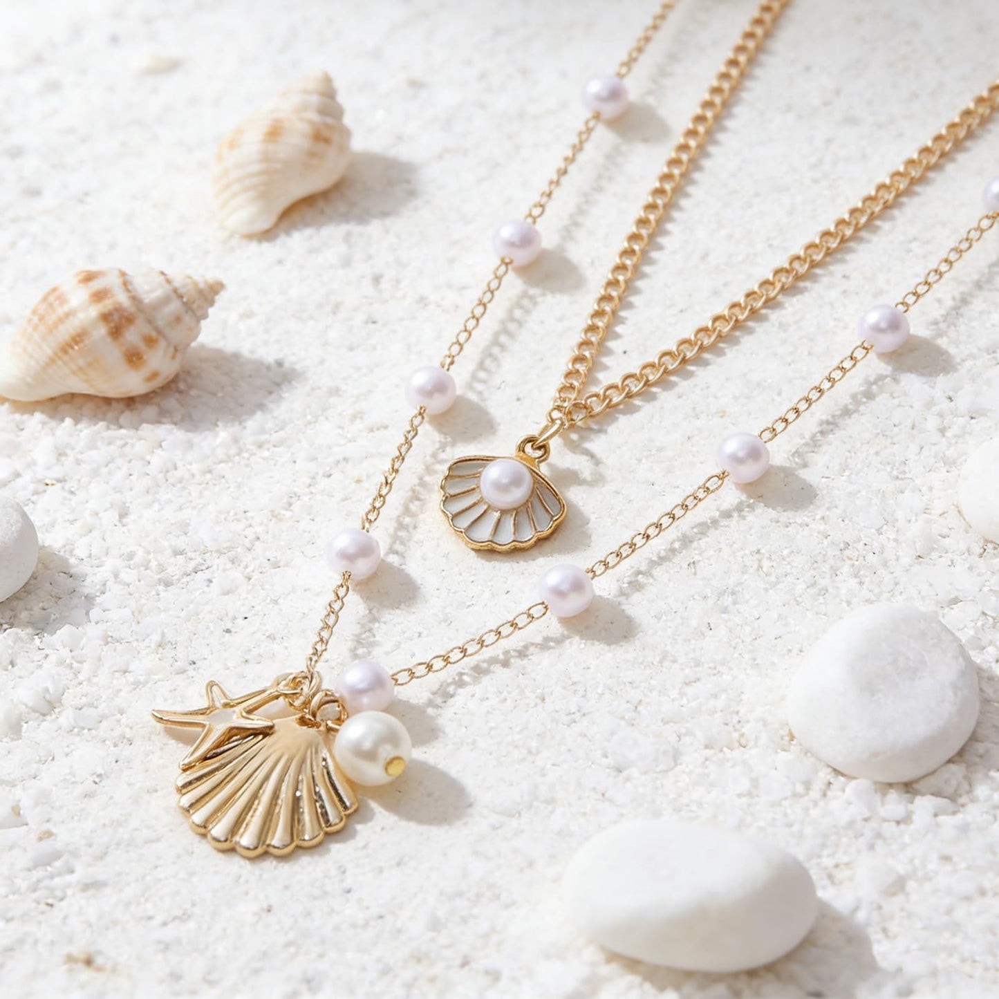 KummerSaprk Seashell Necklace Summer Vacation Jewelry for Women Gold Beachy Necklace Stack Starfish Flower Cowrie Sea Shell Pendant Necklaces Summer Essentials Accessories Gifts