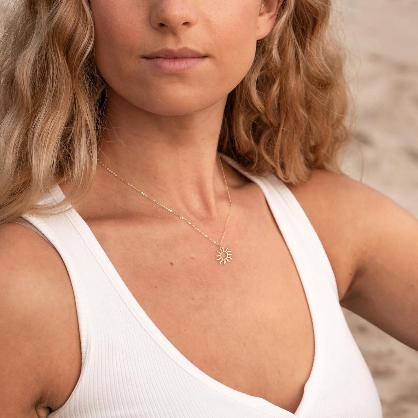 BSGRL Gold Necklace: 14K Gold Plated Dainty Sun Pendant Little Sun Solar Light Necklace for Women 16.5”+2” ext