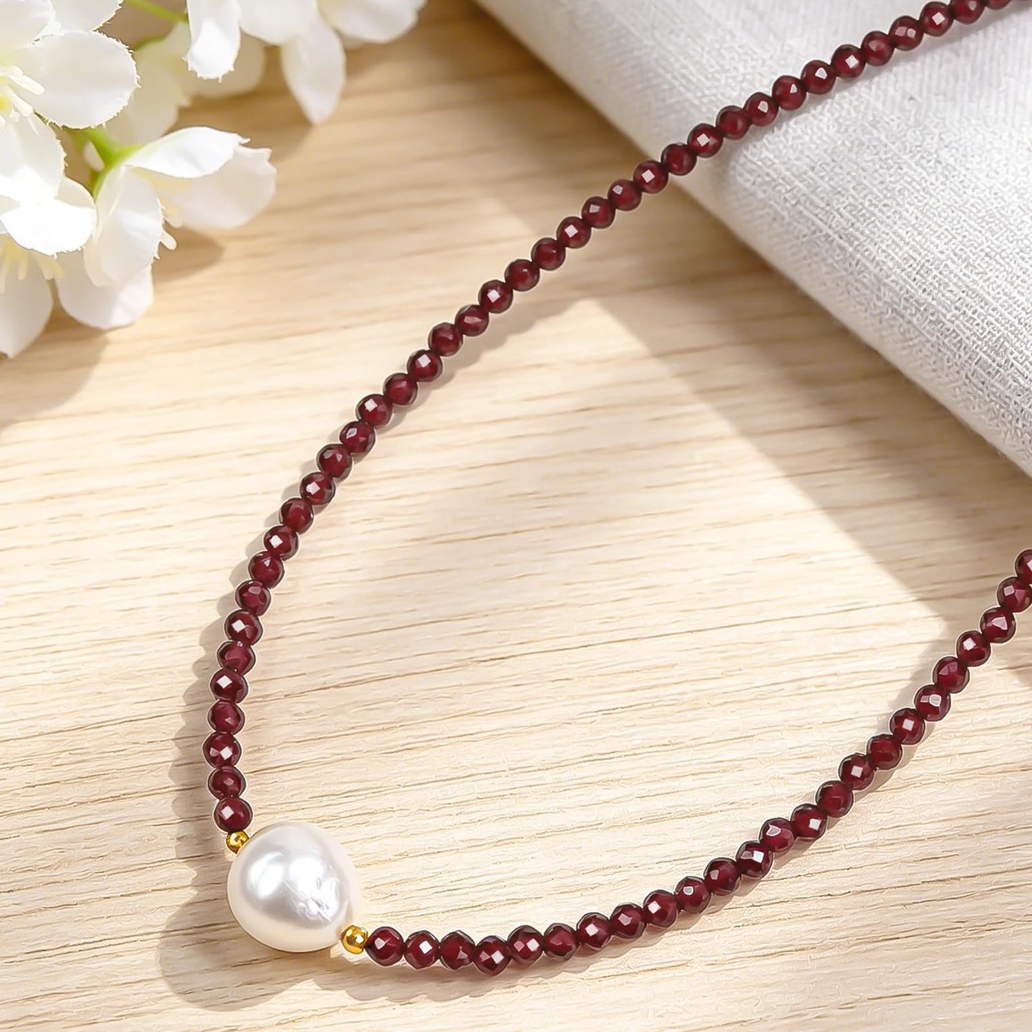 GEMTAL Pearl Necklaces for Women Dainty Single Pearl Necklace Natural Freshwater Pearl Choker Garnet Beaded Necklaces Adjustable Chain Red Bead Necklace Valentines Jewelry Gift