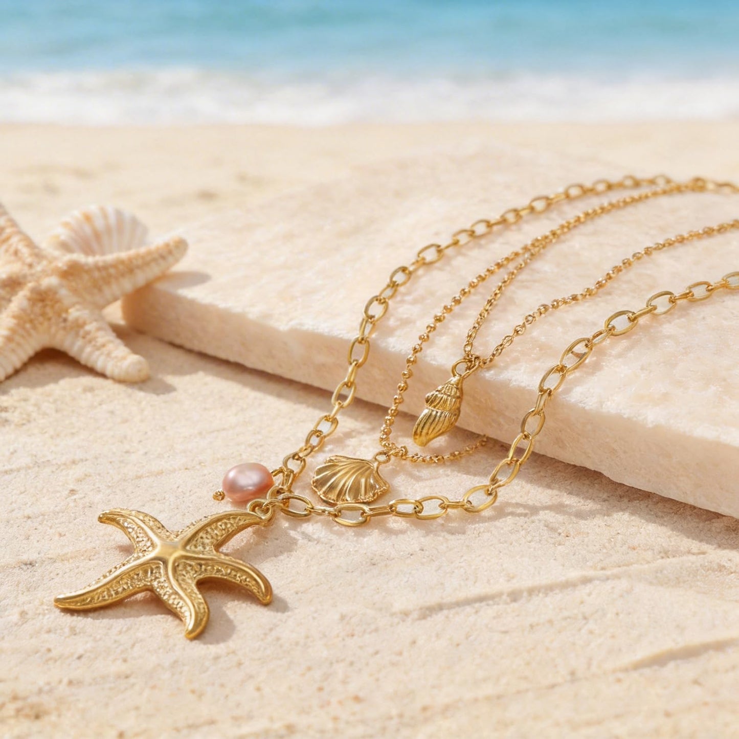 KummerSaprk Seashell Necklace Summer Vacation Jewelry for Women Gold Beachy Necklace Stack Starfish Flower Cowrie Sea Shell Pendant Necklaces Summer Essentials Accessories Gifts