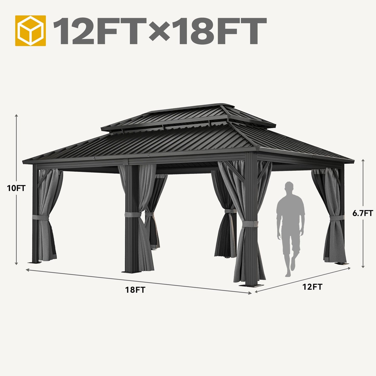 DWVO 12x18ft Hardtop Gazebo Double Roof with Nettings and Curtains, Heavy Duty Galvanized Steel Outdoor Vertical Stripes Roof for Patio, Backyard, Deck, Lawns, Gray