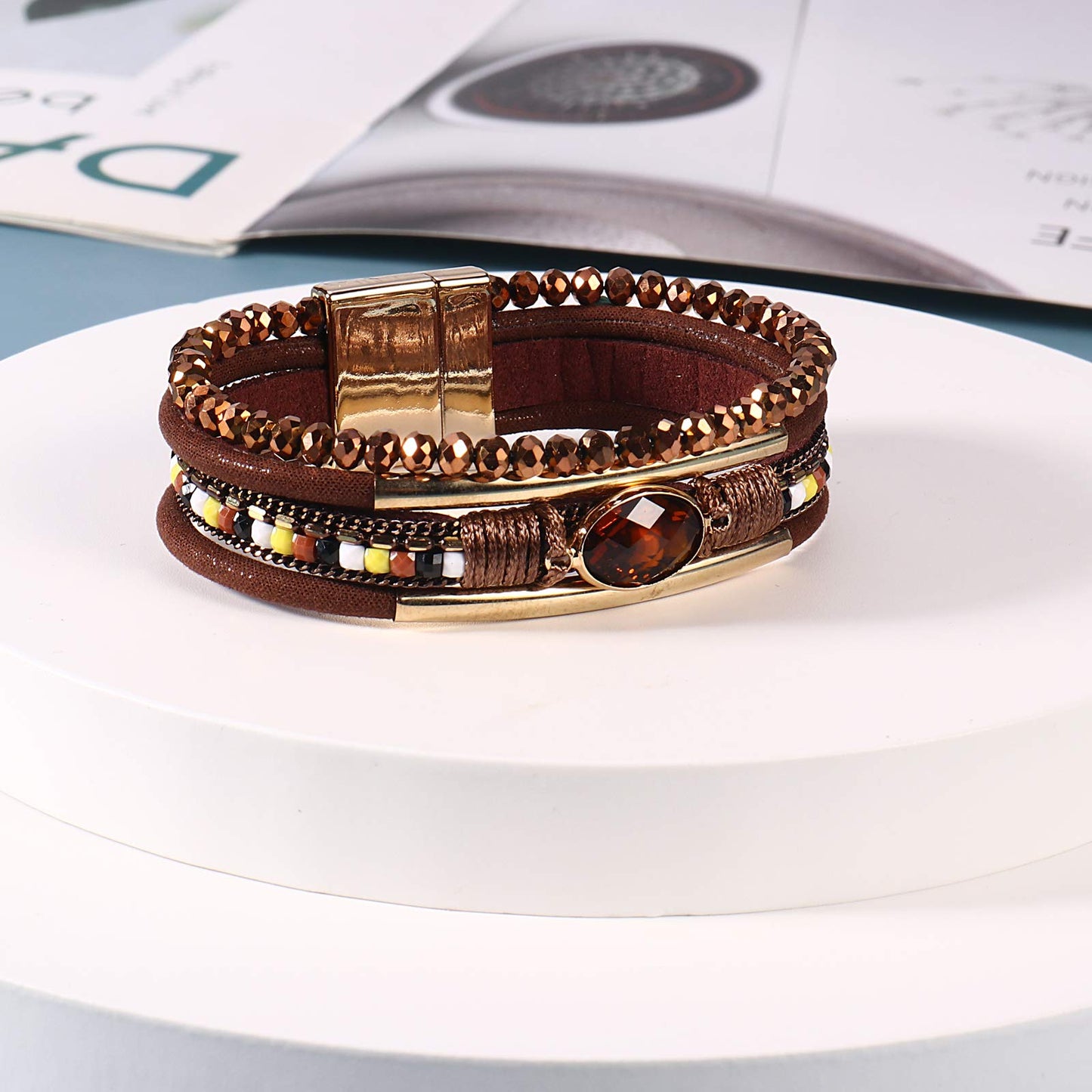 FANCY SHINY Leather Wrap Bracelets Crystal Beads Bracelet Boho Cuff Stone Charm Bracelets with Clasp Costume Jewelry for Women(Brown)