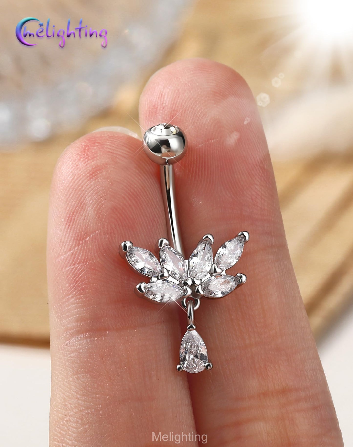 Melighting 14G Lotus Belly Button Ring Stainless Steel 316L Dangle Navel Piercing Jewelry Marquise CZ Belly Bar 10 mm Silver Body Jewellery for Women