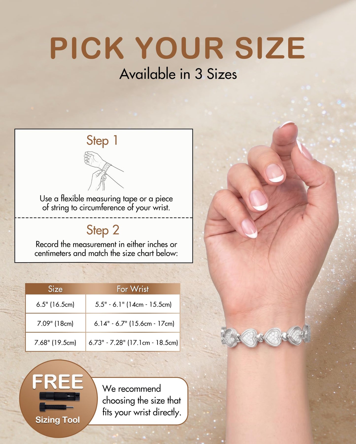 Feraco Pure Copper Bracelets for Women, Ultra Strength Magnetic Bracelet for Women with 3800 Gauss Magnet & Dazzling Austrian Crystals Stone, Heart-Shaped (Silver, 7.68 inches (19.5cm))