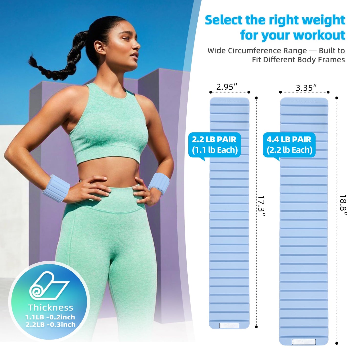 BECOJADDE Wrist Weights Ankle Weights for Women 1 Pair (2.2 lb Each) Silicone Magnetic Leg Arm Weighted Bracelet for Home Yoga Pilates Gym Workout Walking Jogging, Blue Cream