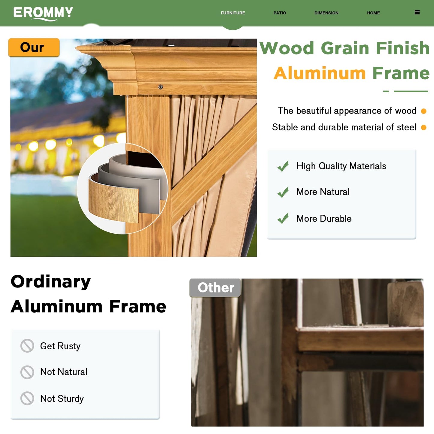 EROMMY 12'x22' Gazebo, Wooden Finish Coated Aluminum Frame Pergola with Double Galvanized Steel Hardtop Roof, Outdoor Permanent Metal Pavilion with Curtains and Nettings for Patio, Backyard and Deck