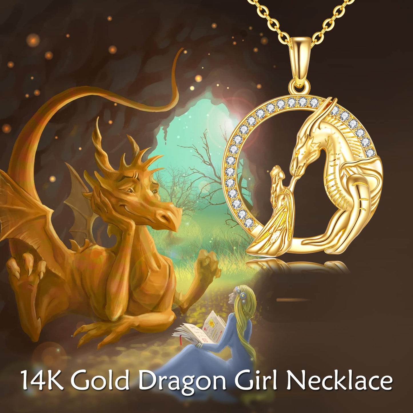 KECHO Dragon Necklace Gifts for Women Yellow Gold Women and Dragon Necklace Queen Princess Stroking Dragon Jewelry Christmas Gifts for Mother Daughter