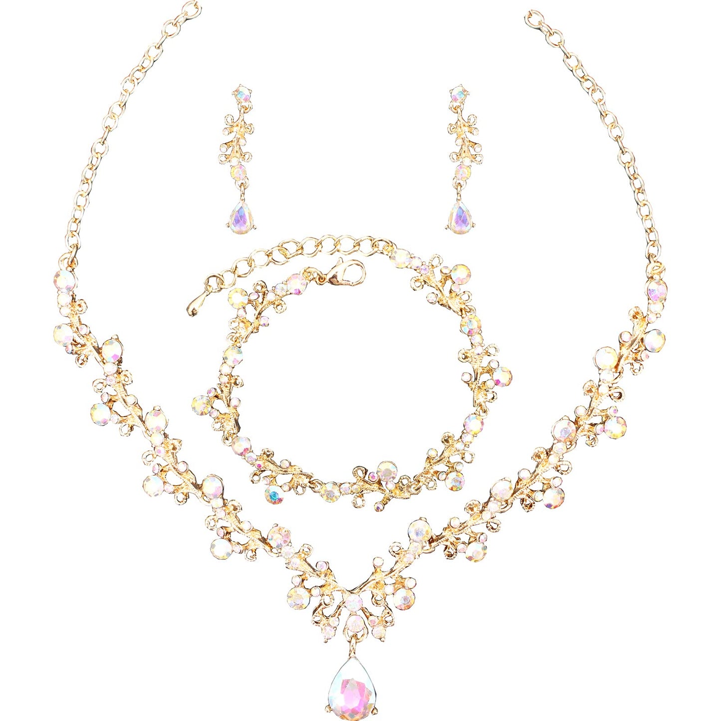 3Pcs Austrian Crystal Jewelry Set for Women, Necklace Dangle Earrings Link Bracelet Jewelry Set with Gold/Platinum/Gun Plated, Wedding Party Jewelry for Bridal Bridesmaid (AB Crystal-Gold Plated)