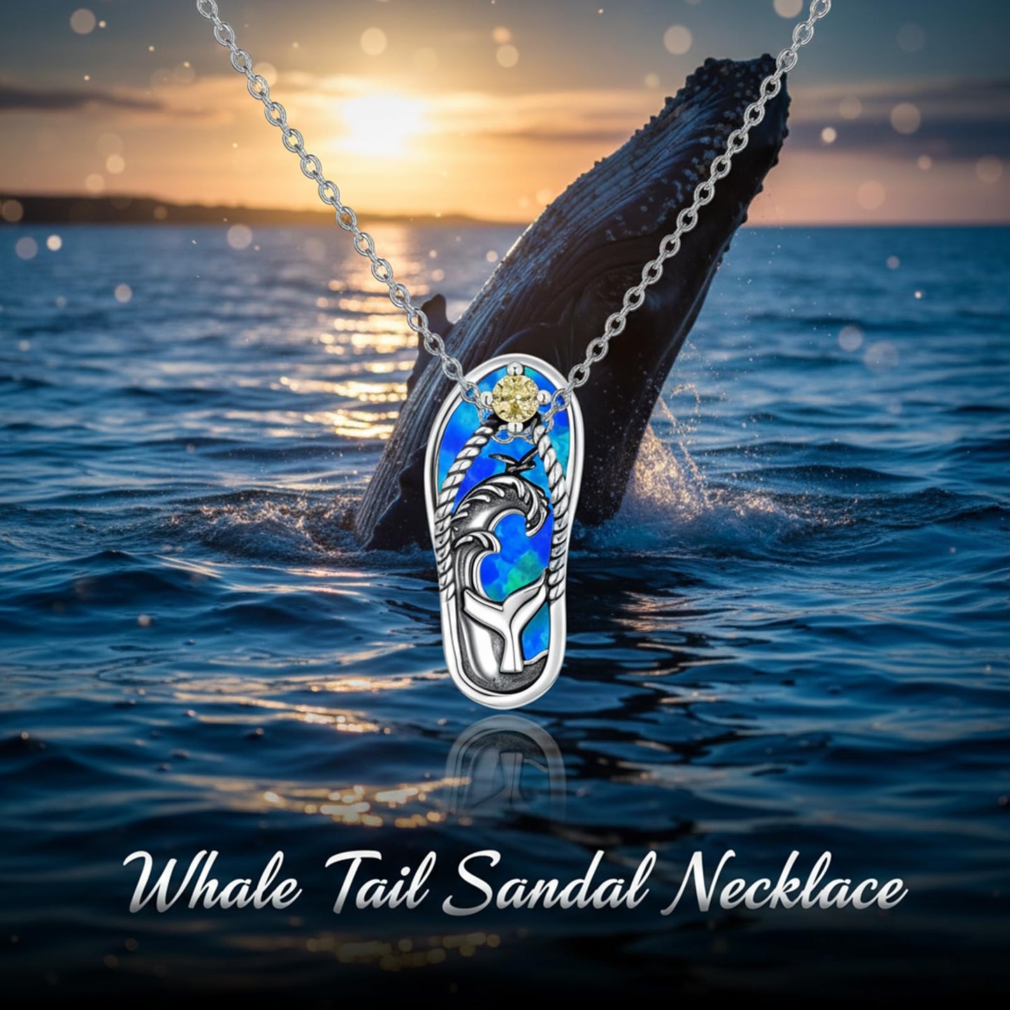 Midir&Etain Whale Tail Necklace 925 Sterling Silver Blue Opal Ocean Pendant Summer Flip Flops Jewelry Beach Fun Gifts for Women