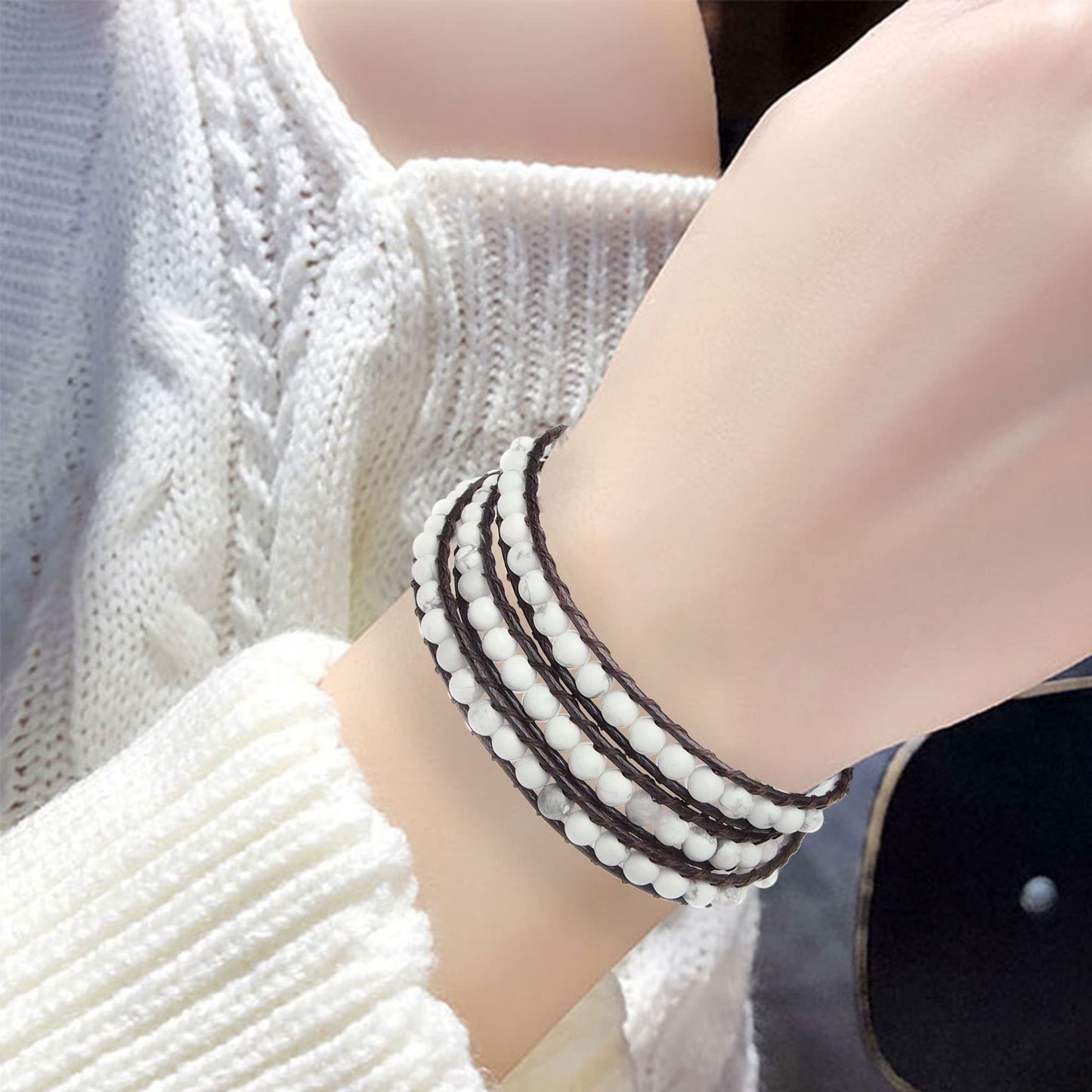 Ayriwoyi White Turquoise Bracelets Wrap Bracelet for Women Howlite Beads Healing Crystal Stone Bracelet Boho Bracelet Adjustable