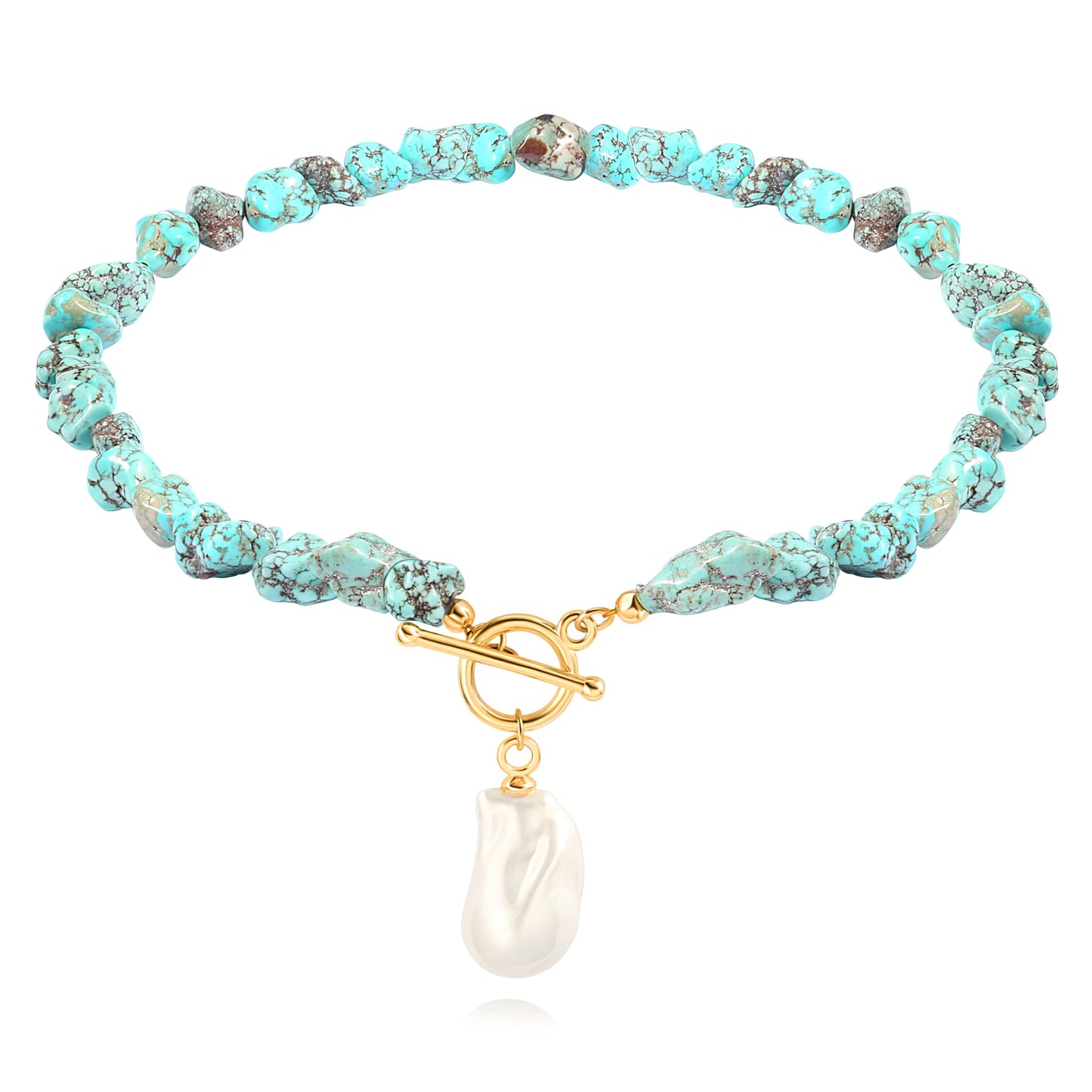 POTESSA Natural Turquoise Necklaces for Women Bohemian Beaded 18k Gold Toggle Baroque Pearl Pendant Necklace Summer Jewelry