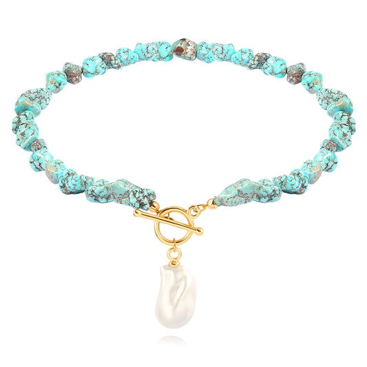POTESSA Natural Turquoise Necklaces for Women Bohemian Beaded 18k Gold Toggle Baroque Pearl Pendant Necklace Summer Jewelry