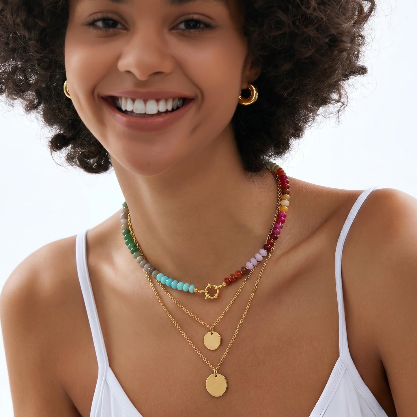 Badu Colorful Gemstone Beaded Necklace for Women Natural Stone Bead Beach Rainbow Choker Necklace Fashion Trendy Jewelry Gifts