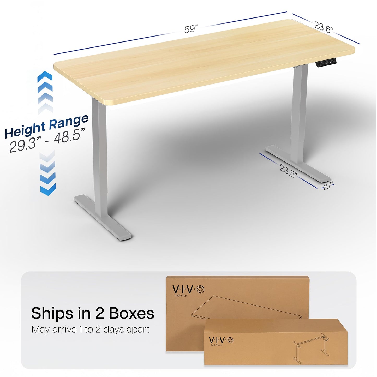 VIVO Electric 60 x 24 in Standing Desk, Memory Height Adjustment, 1B Series, Holds 220 lbs, One-Piece Light Wood Top, Gray Frame, DESK-KIT-1G6C