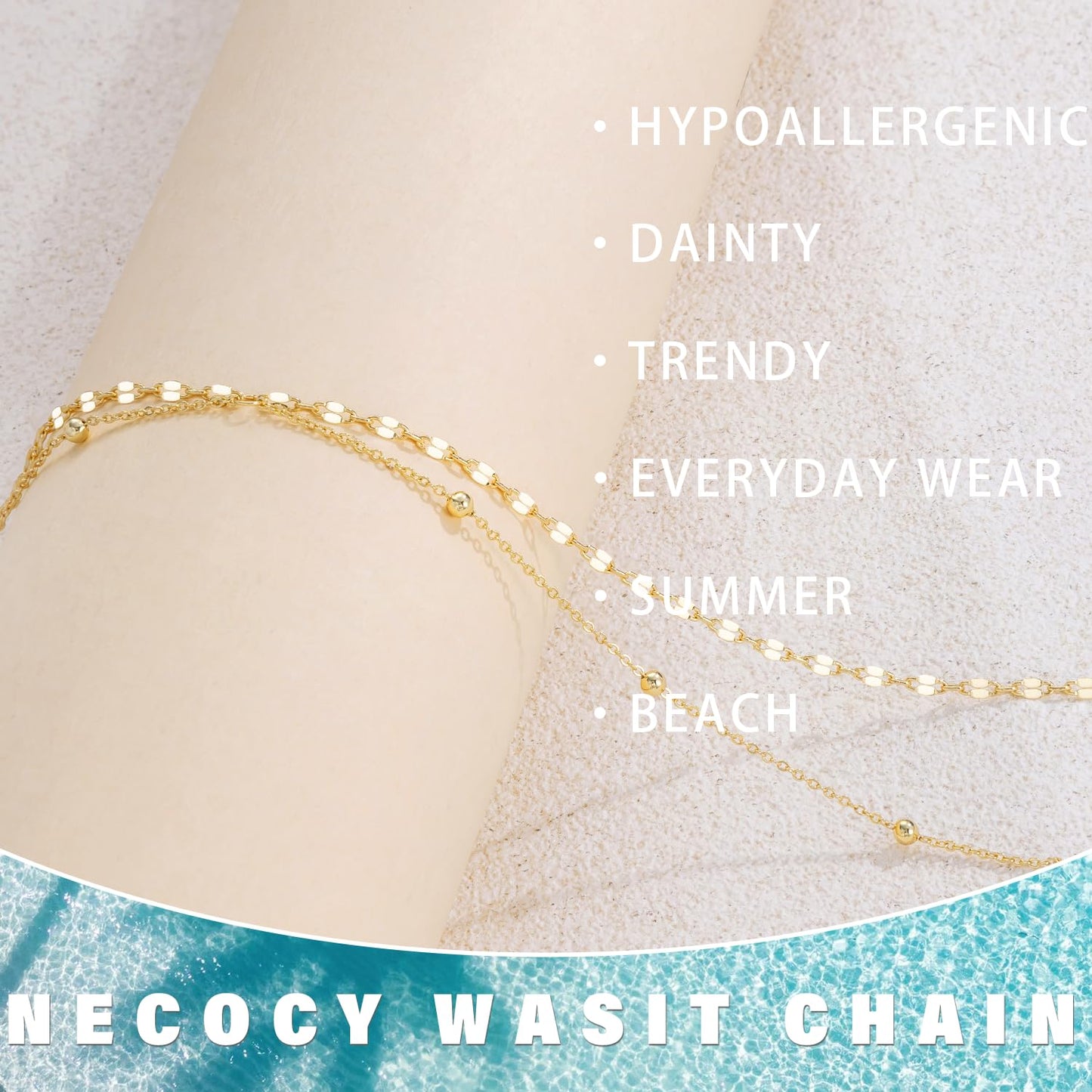 NECOCY Layered Waist Belly Body Chain for Women Trendy, 14K Gold Plated Beaded Body Chain Belt Waterproof Adjustable Fashion Summer Beach Lips Body Jewelry Accessories for Women Vacation Party