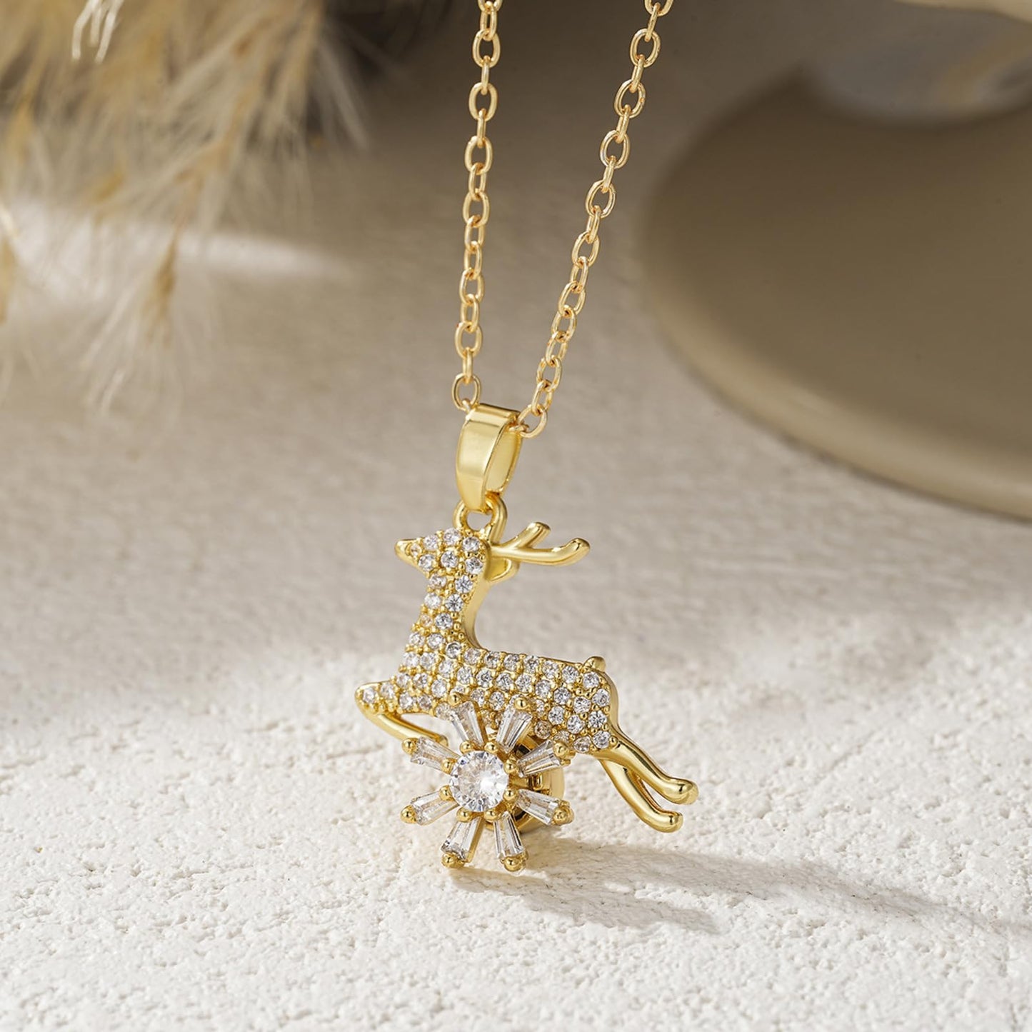 KONPJE Sunflower Fidget Necklace for Women Gold Moon Necklace Rotating Heart Necklaces Spinning Crystal Flower Anxiety Necklaces Crescent Moons Jewelry Accessories (Gold Deer)