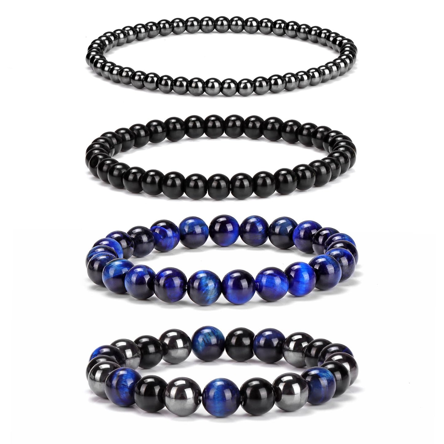 Vinswet 4pcs Natural Stone Beaded Bracelets for Women Men,Healing Crystal Gemstones Stretch Bracelet,4mm 6mm 8mm 10mm lapis lazuli Tiger Eye Black Obsidian Hematite Anxiety Stress Relief Bracelet Jewelry Gifts
