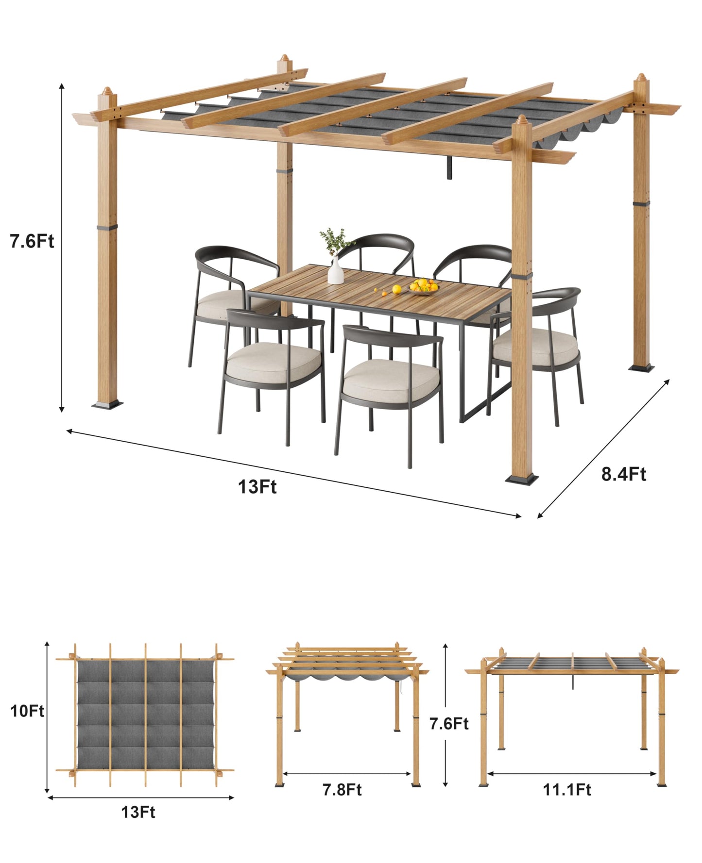 GarveeLife 10x13 ft Outdoor Pergola with Retractable Canopy Upgraded Outdoor Aluminium Pergola, Faux Wood Grain Metal Patio Gazebo for Modern Backyard Deck for Porch, Awning, Grape Trellis, Grey