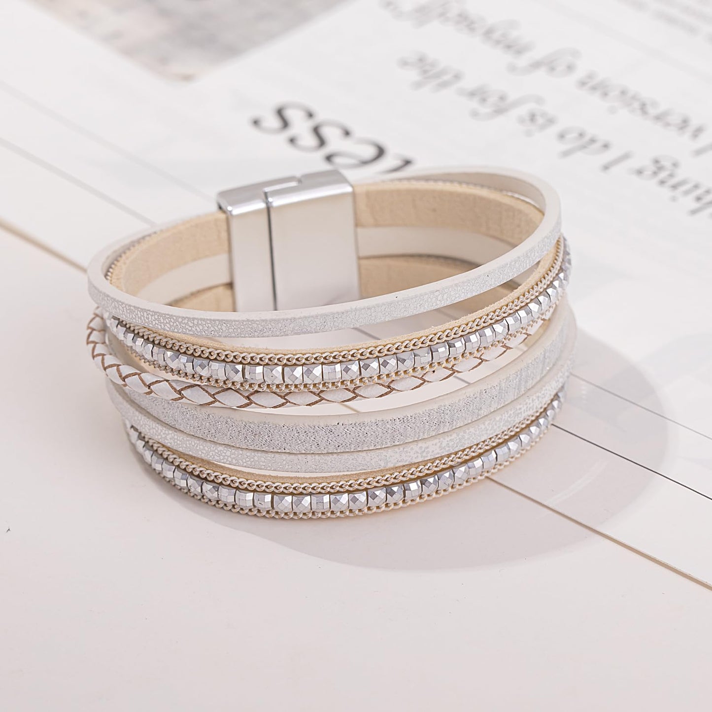 FANCY SHINY Boho Leather Wrap Bracelets Trendy Layered Bracelets with Magnetic Clasp Strackable Bohemian Cuff Jewelry Gifts for Women(White)