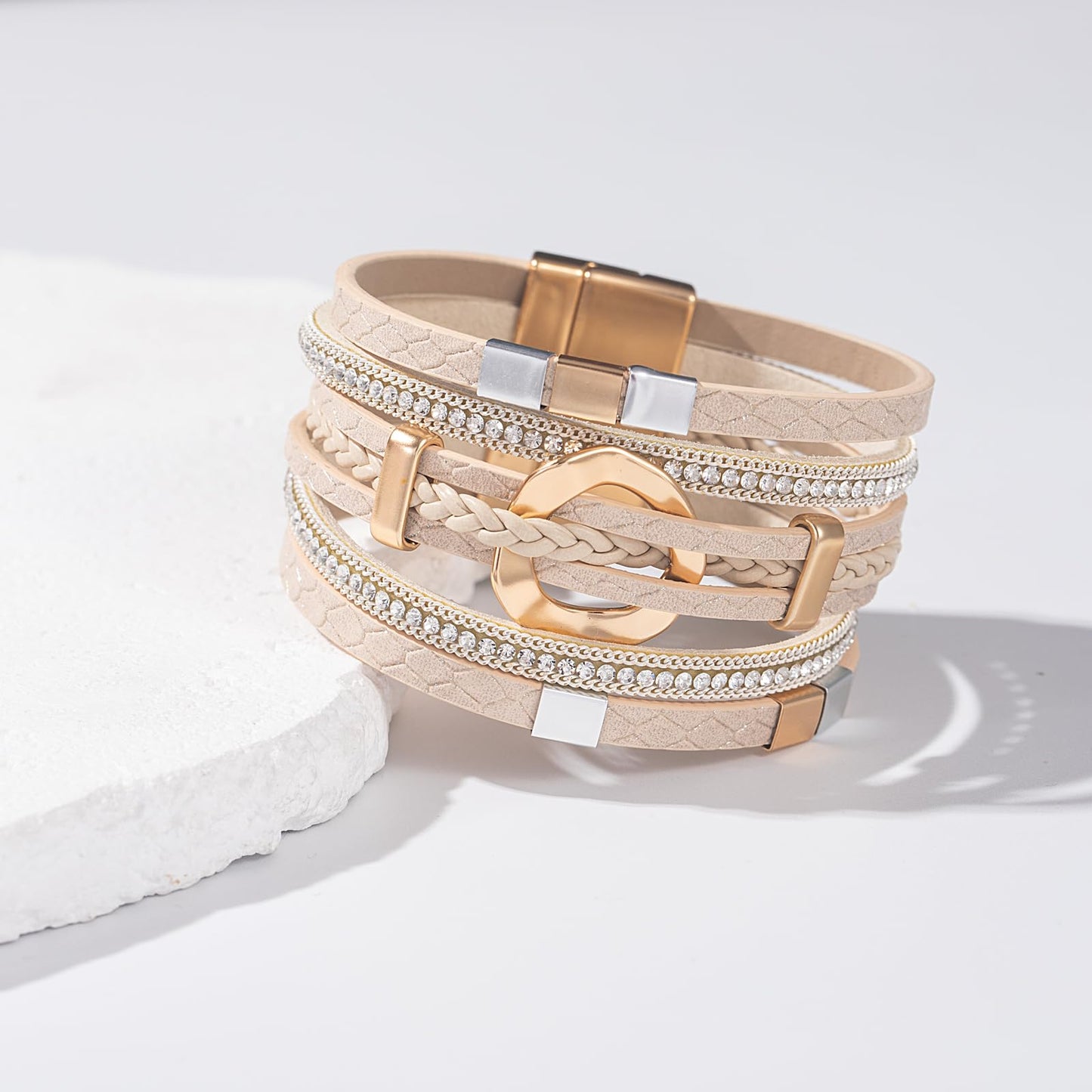 FANCY SHINY Boho Leather Wrap Bracelets Circle Square Bead Braided Handmade Stackable Bracelet Trendy Cuff Bangle for Women(Beige)