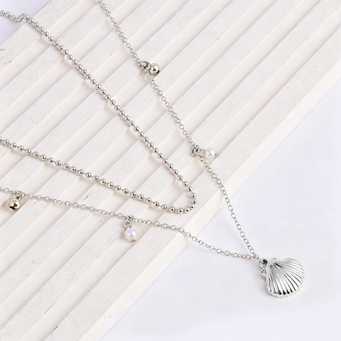 Starfish Shell Necklace for Women,14k Gold Plated Silver Layered SeaShell Pearl Pendant Charm Necklaces Dainty Non Tarnish Adjustable Waterproof Beaded Necklace Stack Jewelry for Summer Beach Vacation (Silver Shell Necklace)