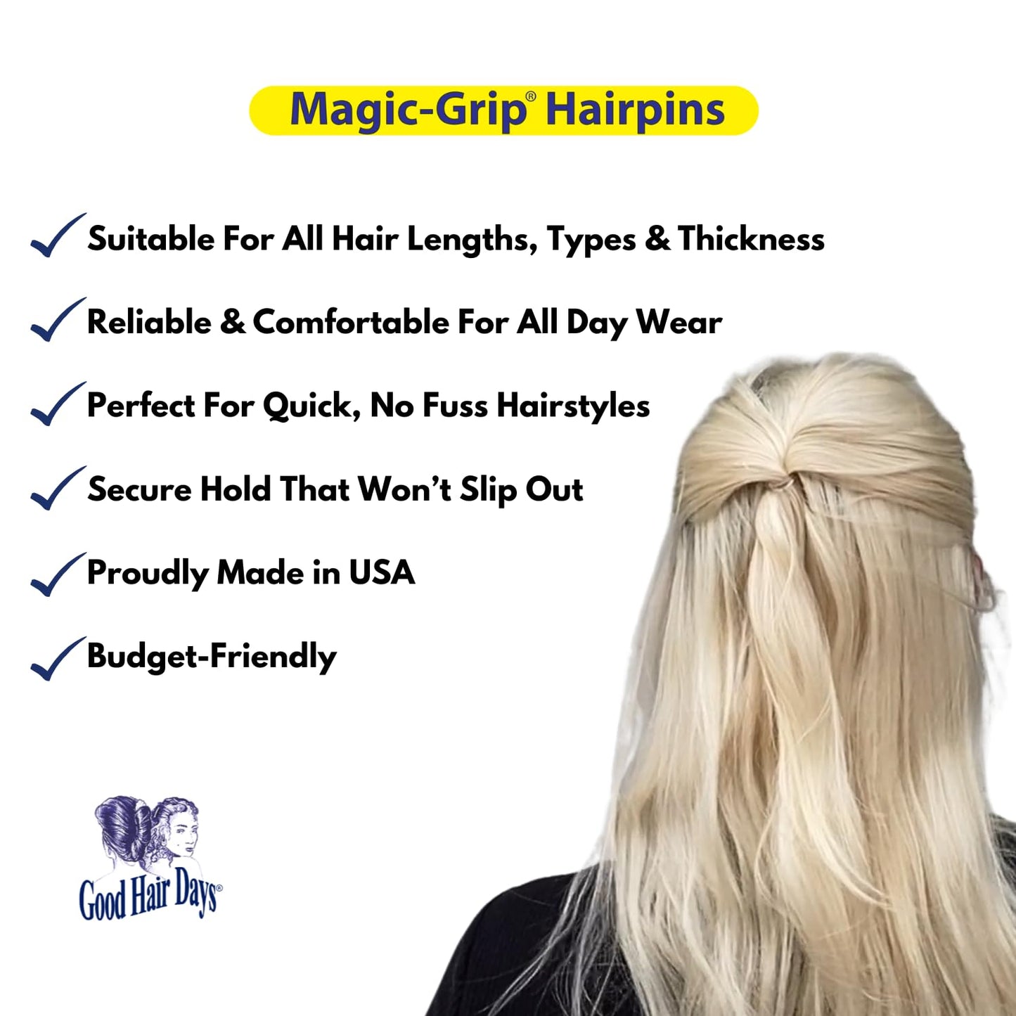 Good Hair Days Magic-Grip Hairpins - 2 1/2" U-Shaped Grip Hair Pins for Fine, Thick, Curly & Long Hair, Invisible Strong Hold Hair Styling Accessories, Set of 20, USA-Made (Crystal)