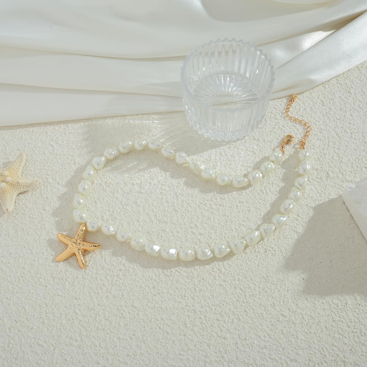 INNERDIVA Starfish Necklace for Women, Gold-Plated Pendant with White Baroque Pearl Beads Adjustable Beach Necklace Summer Coastal Jewelry Gifts