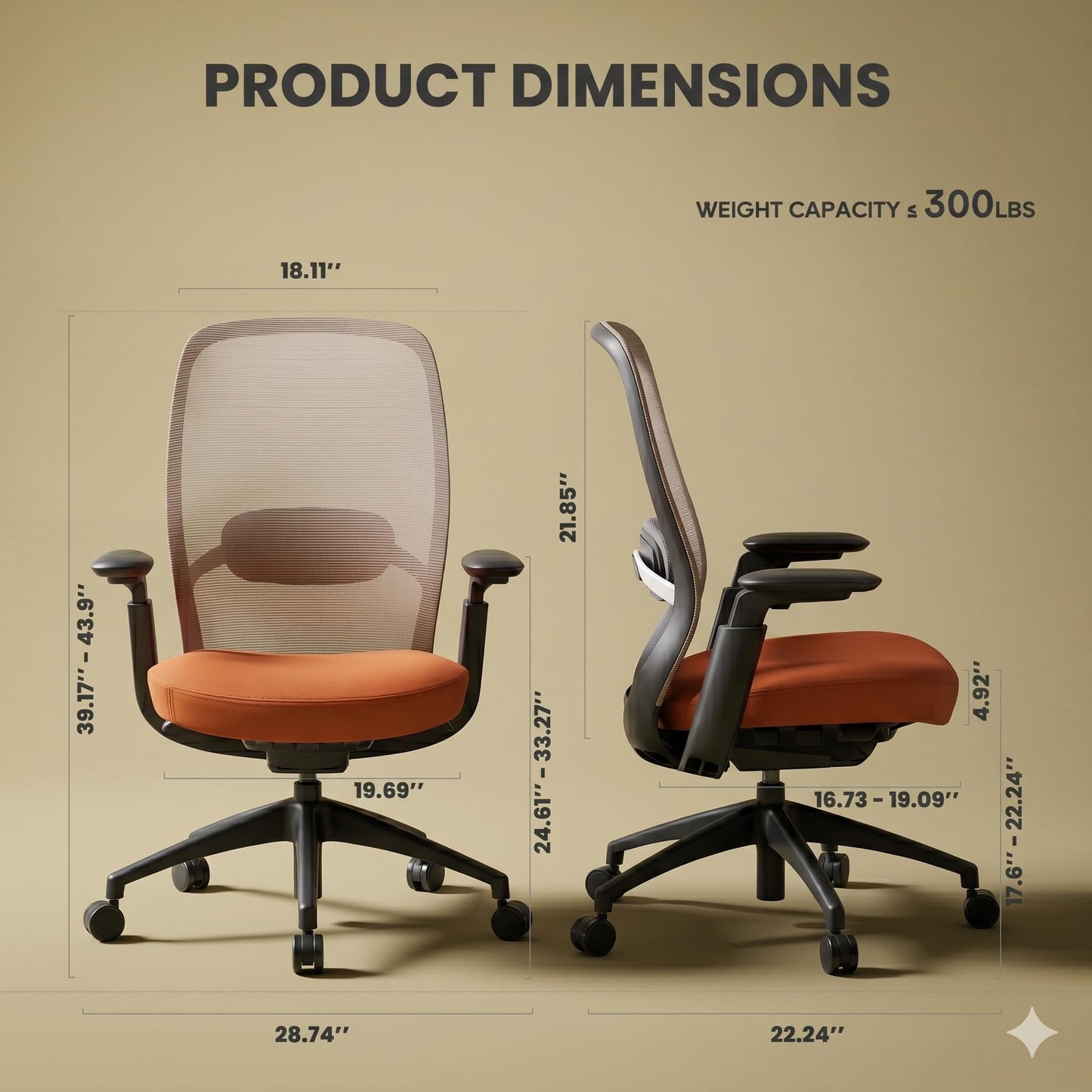 COLAMY Office Chair for Long Hours, Easy Wire-Control Desk Chair with Sliding Seat Depth & Thick Padded Lumbar Support, Heavy Duty 300 LBS High Back Mesh Computer Chair for Home Workstation,Orange