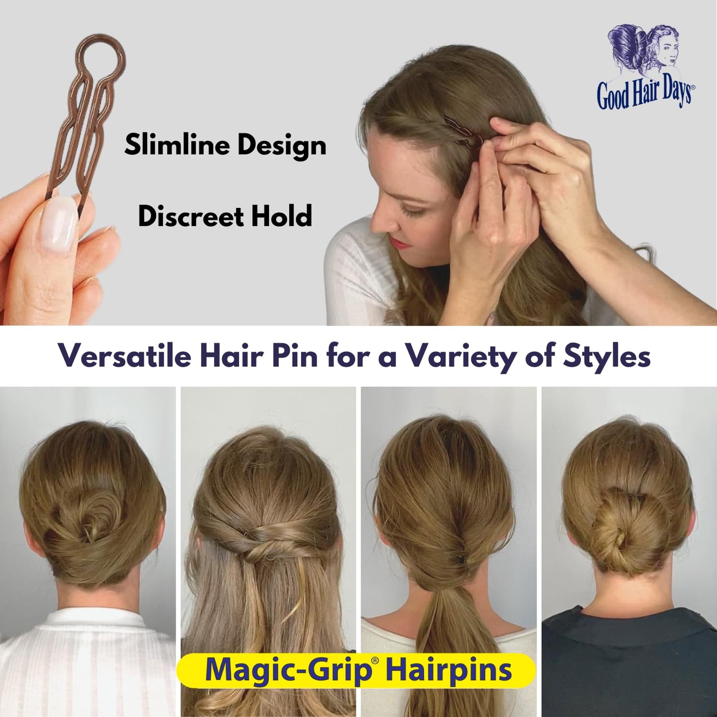 Good Hair Days Magic-Grip Hairpins - 2 1/2" U-Shaped Grip Hair Pins for Fine, Thick, Curly & Long Hair, Invisible Strong Hold Hair Styling Accessories, Set of 20, USA-Made (Tortoise Shell)