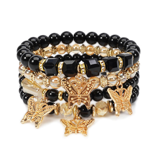 Briutn Black Gold Butterfly Stackable Beaded Bracelet Set Boho Stretch Bracelets Jewelry Gift for Women