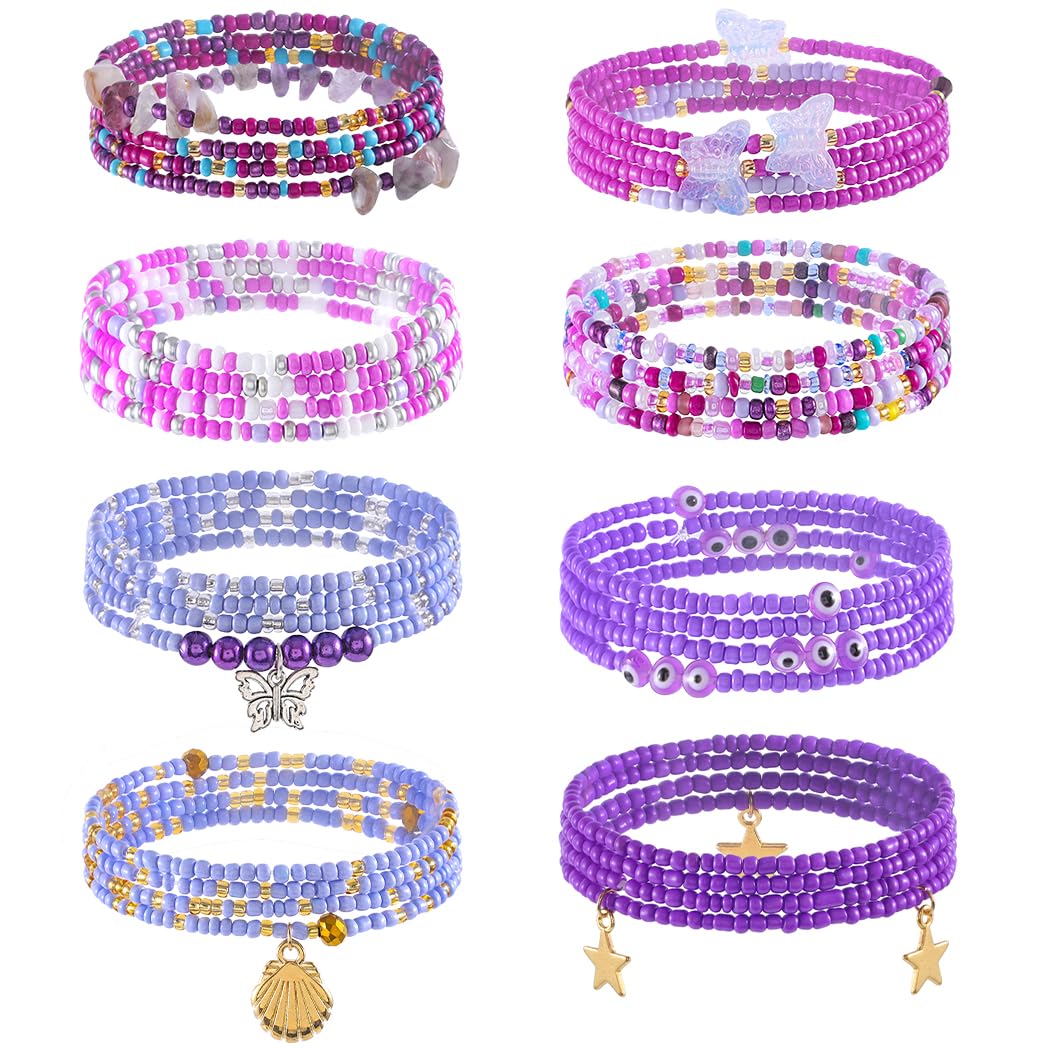 ELABEST 24-39inch African Waist Beads for Women 8Pcs Elastic Belly Beads Colorful Beaded Waist Jewelry Accessories Body Chain (Purple, 27.5inch/70cm)
