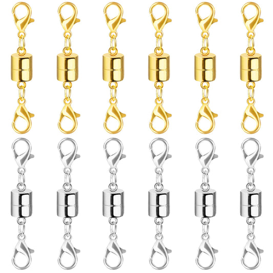 SUTQIGUI Magnetic Necklace Clasp and Closures with Double Lobster Clasp, 14K Gold and Silver Necklace Extenders for Women Jewelry Magnetic Clasps for Necklaces, Bracelet Necklace Extender(12PCS)