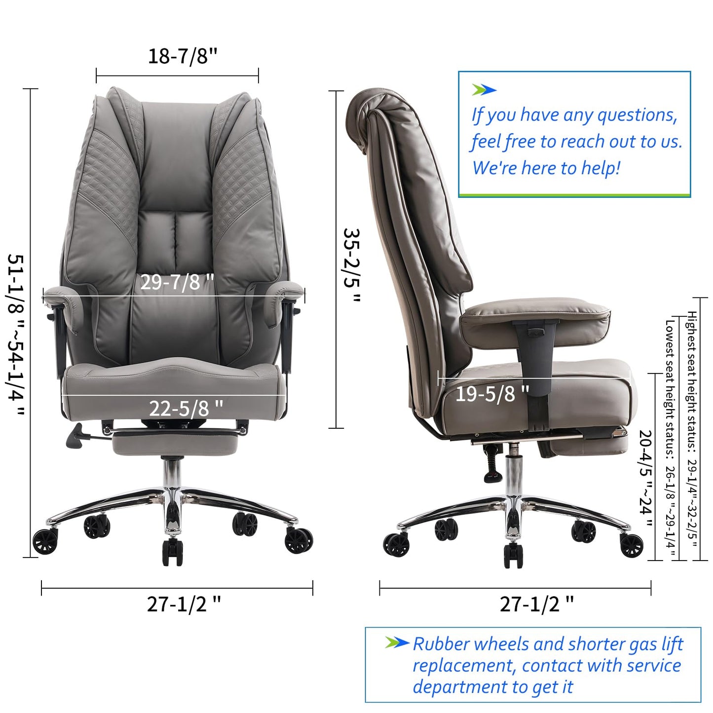 EXCEBET Big and Tall Office Chair 400lbs Wide Seat, Leather High Back Executive Office Chair with Foot Rest, Ergonomic Chairs Lumbar Support for Lower Back Pain Relief (Grey)