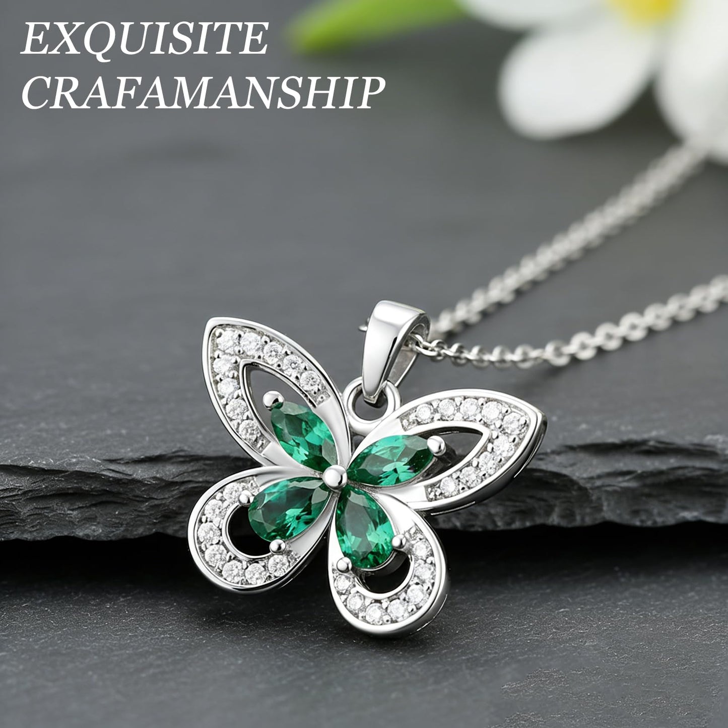 crataly Emerald Butterfly Necklace For Women-Silver Plated May Birthstone Necklace For Valentine's Day Mother's Day Christams Birthday Gifts
