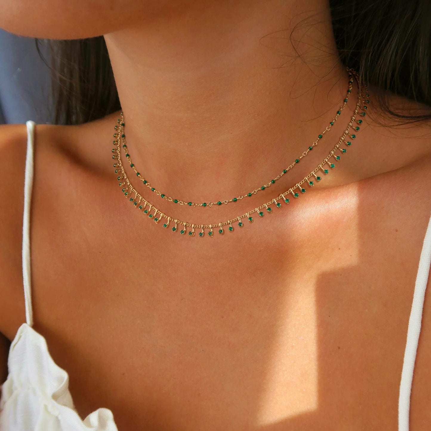 MTMY Beaded Necklace for Women 14K Gold Plated Dainty Colorful Beaded Pearl Choker Necklace Delicate Boho Choker Necklace Jewelry Gift (Crystal-green)