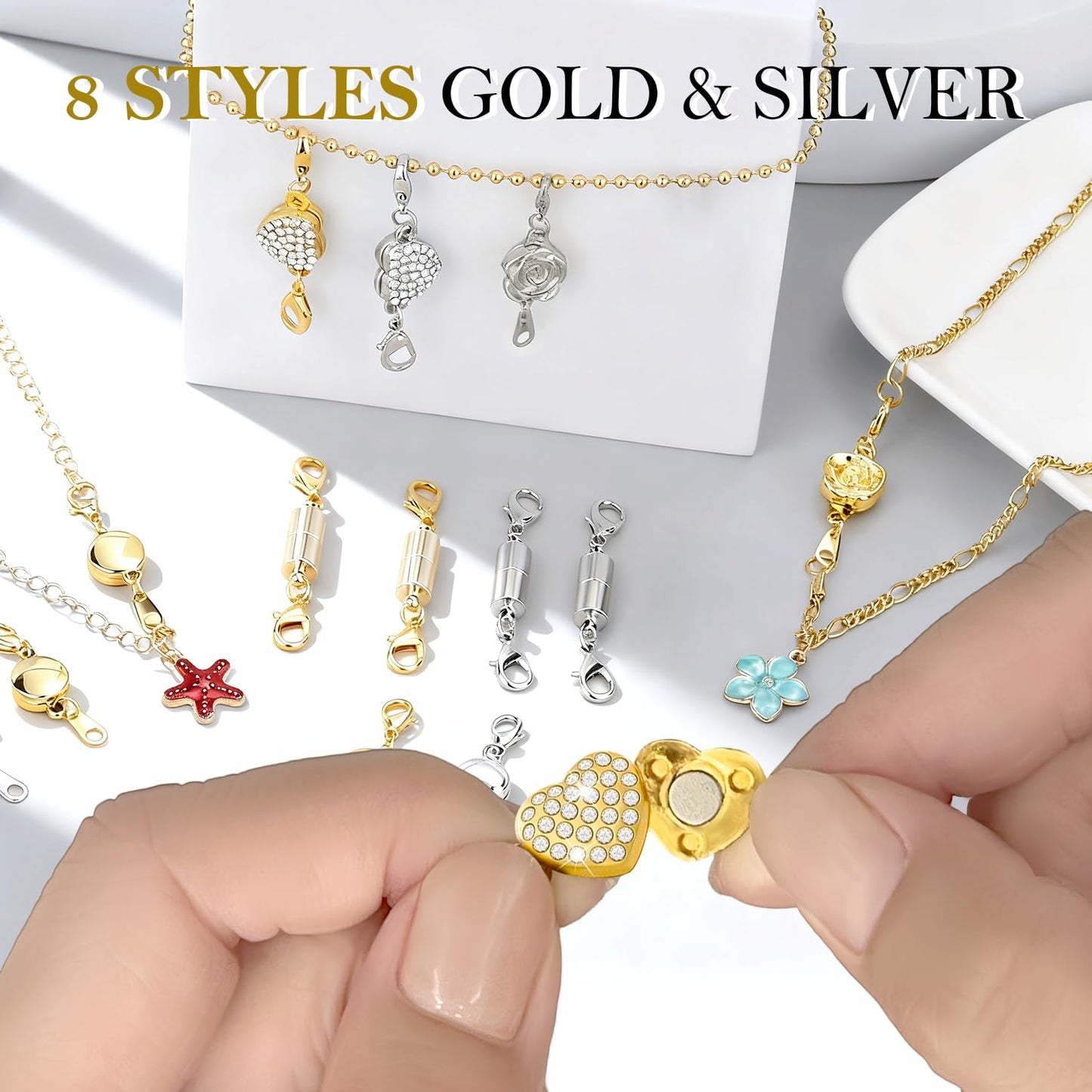 16 Pcs Necklace Clasps and Closures, 8 Styles in Gold and Silver with Polishing Cloth, Extra Strong Locking Jewelry Clasp, Secure and Easy-to-Use