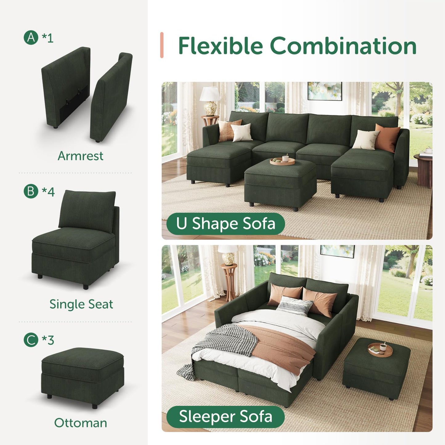 HONBAY Modular Sofa U Shaped Sectional Couch with Storage, Convertible Modular Sofa 7 Seats Sectional for Living Room - Green