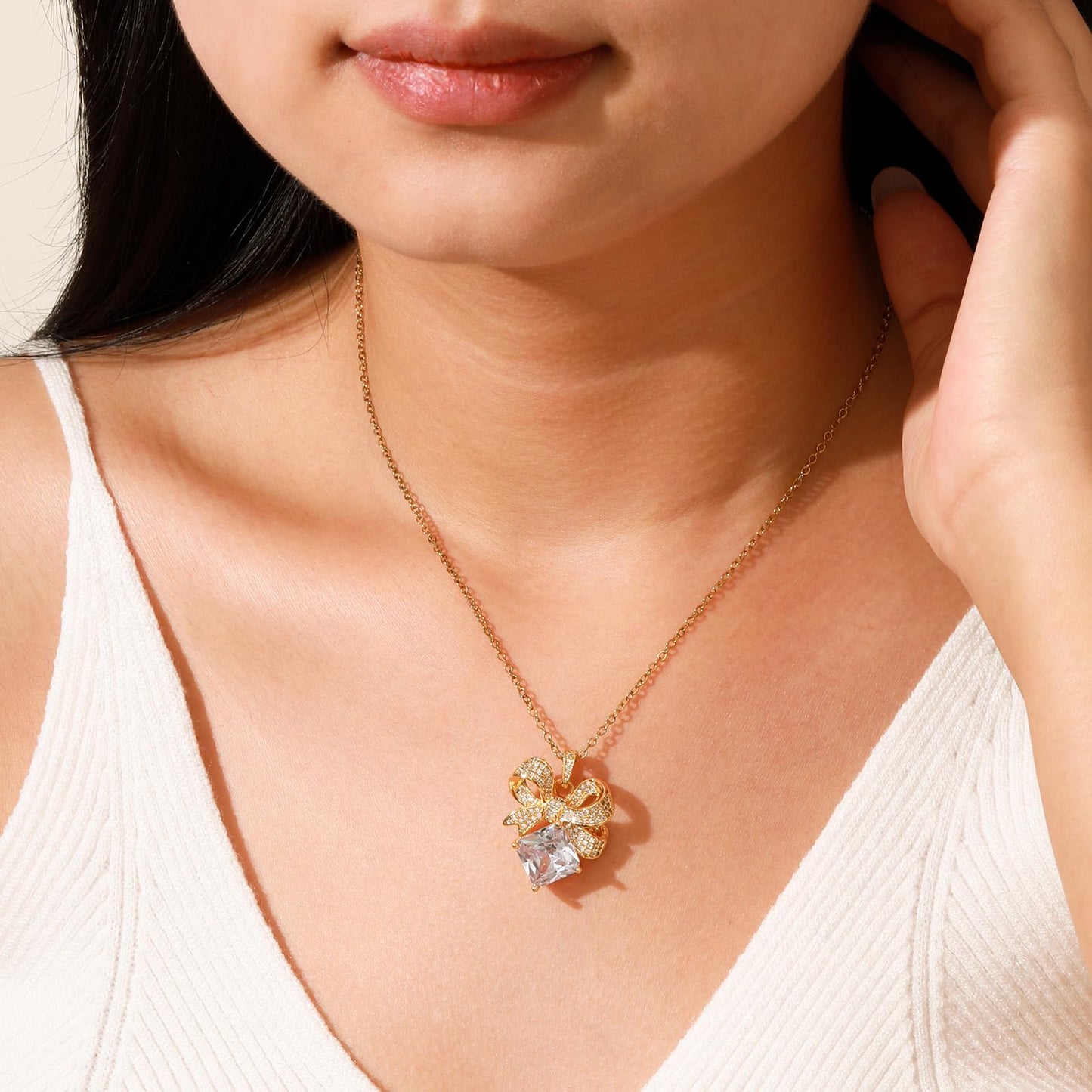Square April Birthstone Diamond Bow Necklace for Women-Gold Plated Healing Crystal Imitation Diamond Pendant Waterproof Non Tarnish Jewelry For Birthday Valentines Day Mother's Day Christmas Thanksgiving Gifts