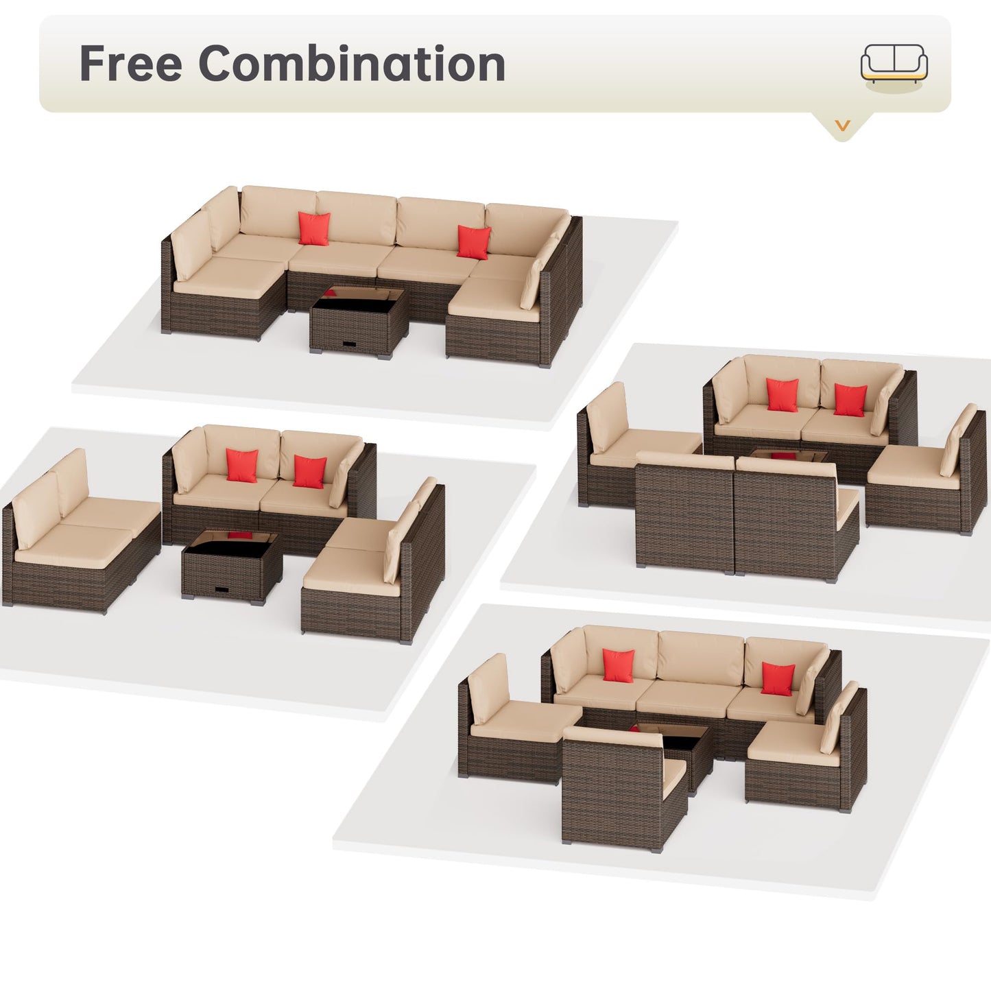 LHBcraft 7 Piece Patio Outdoor Furniture Set, Outdoor Sectional, All-Weather Manual Weaving PE Rattan Wicker Patio Sectional Sofa, Rattan Outside Furniture with Beige Cushion and Glass Table